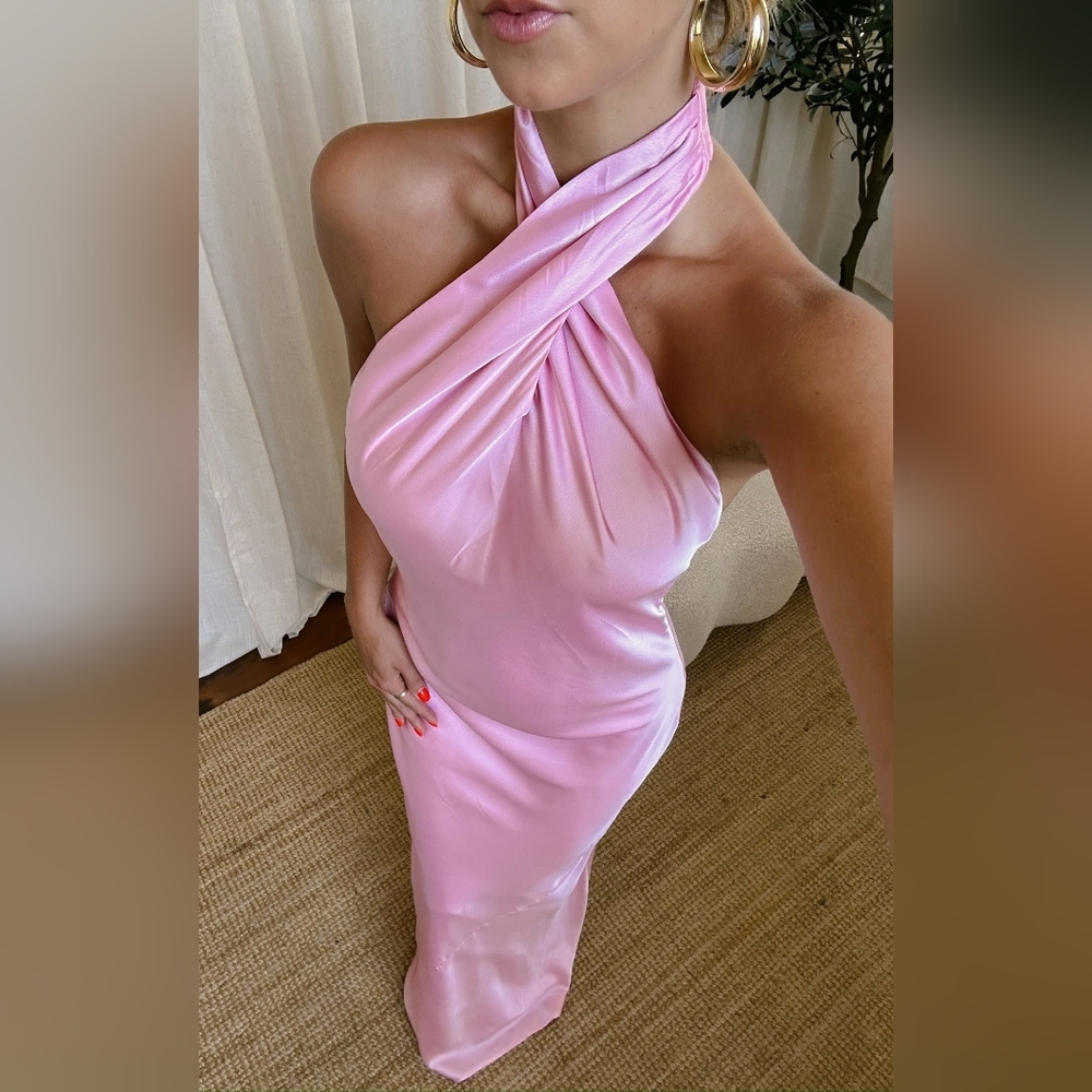 Show Me Your MuMu Jasmine Halter Maxi Light Pink Luxe Satin Dress M Wedding Prom - Picture 3 of 11